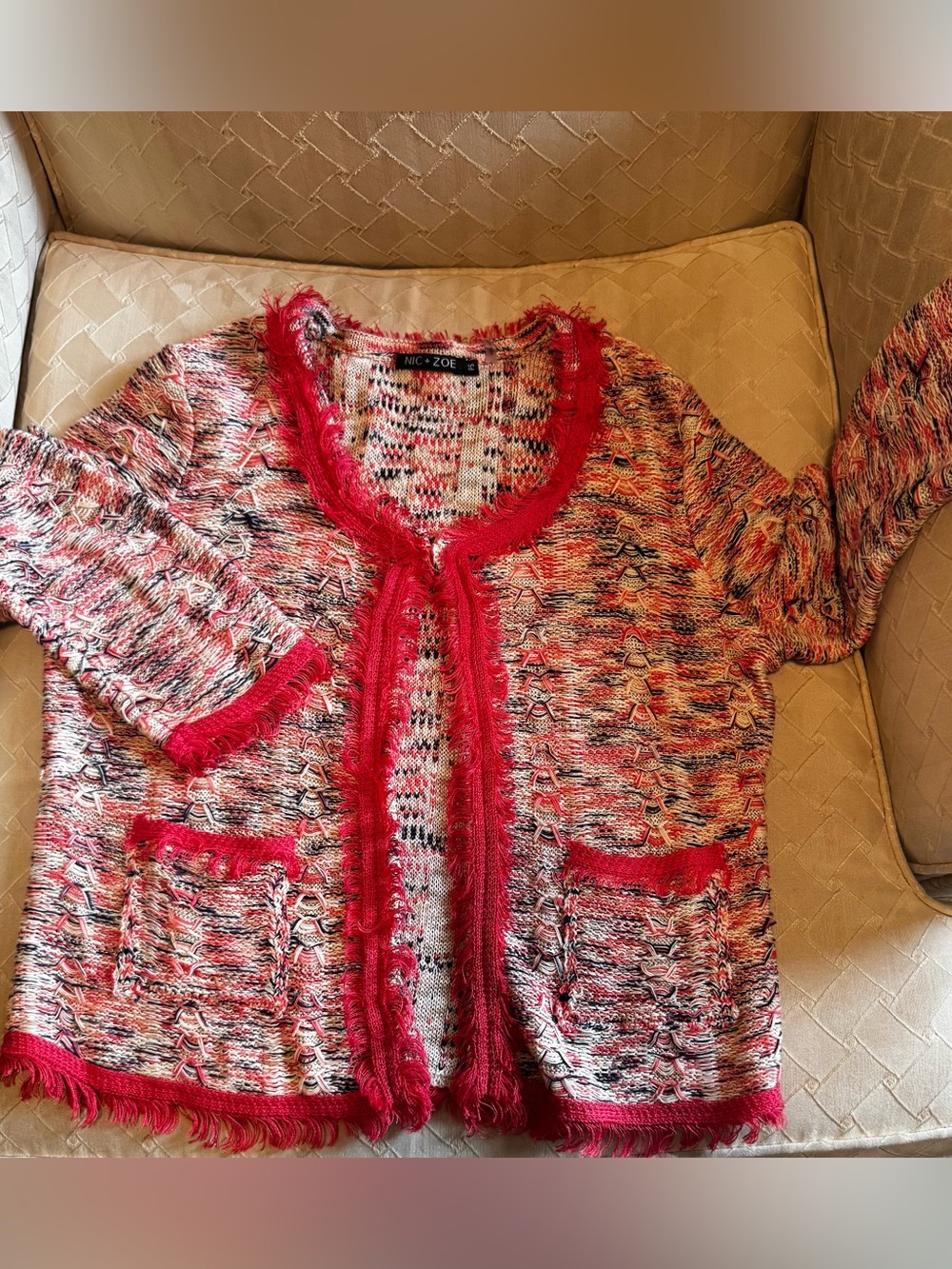 NIC+ZOE Coral Pink Multi-Color Fringe Open-Front Cardigan